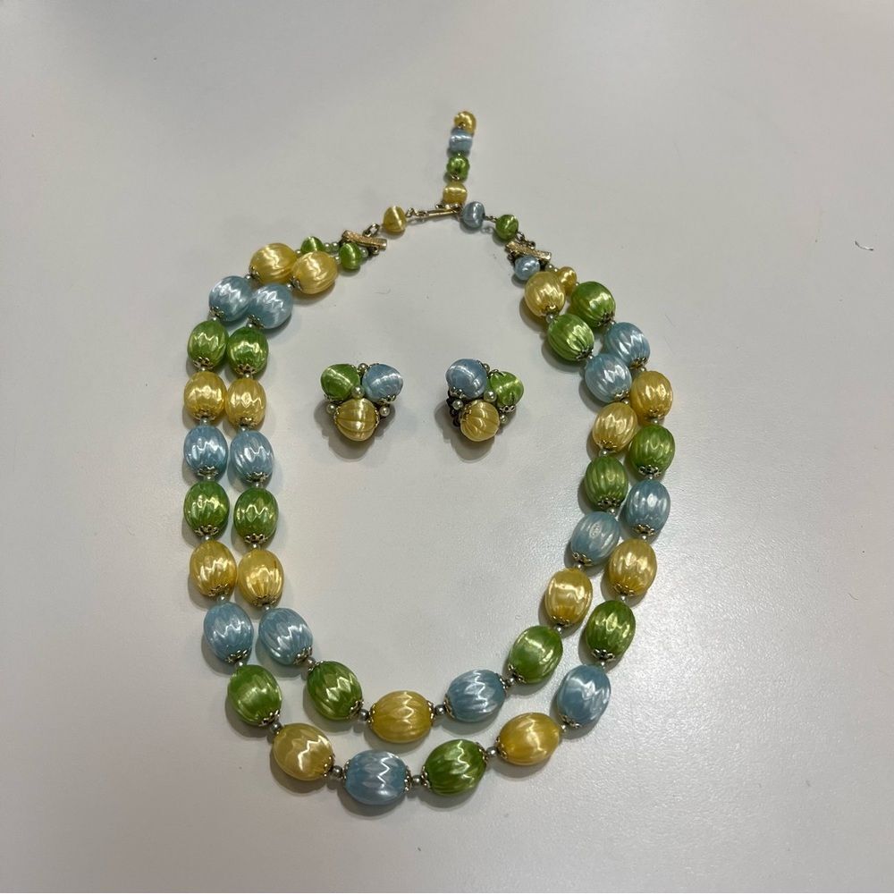 Vintage Pastel Bead Necklace‎ Earrings Set